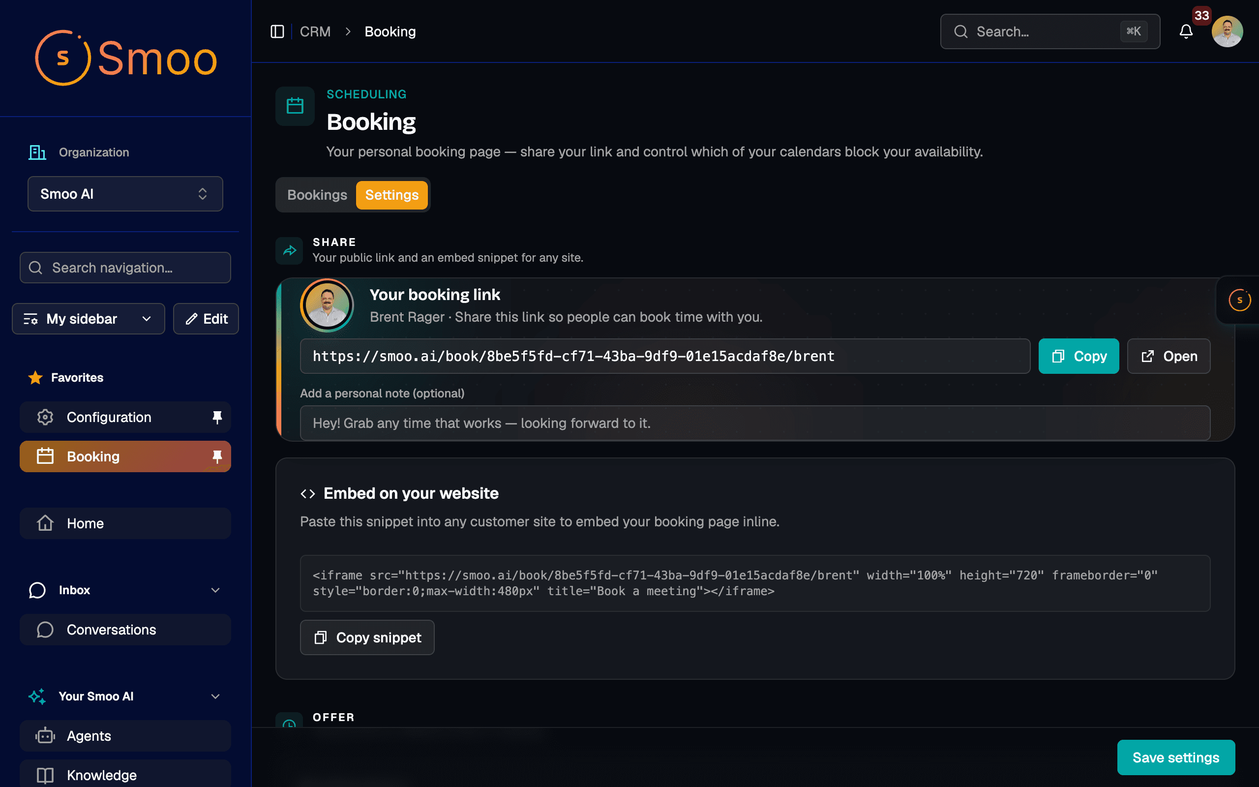 Booking settings — share link, embed & availability