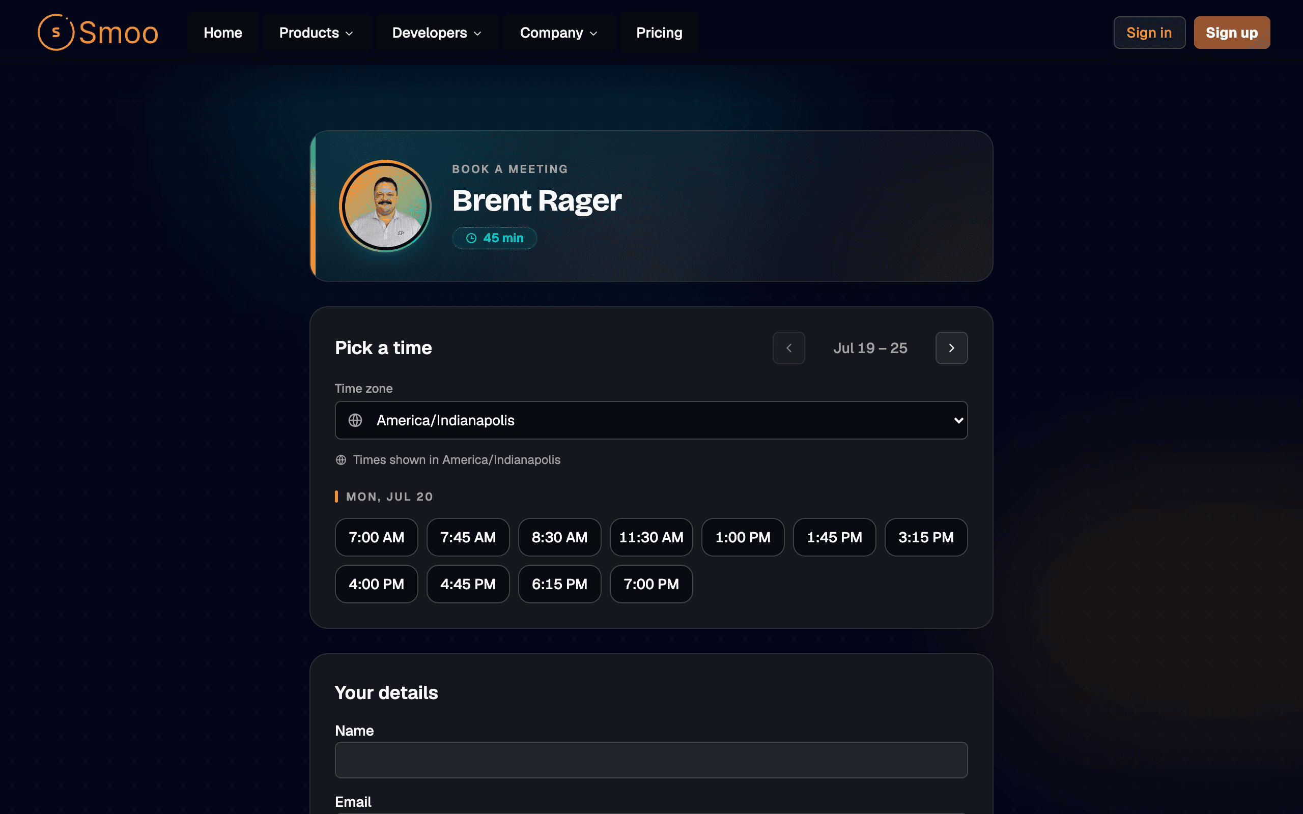 Public booking page — pick a day and time