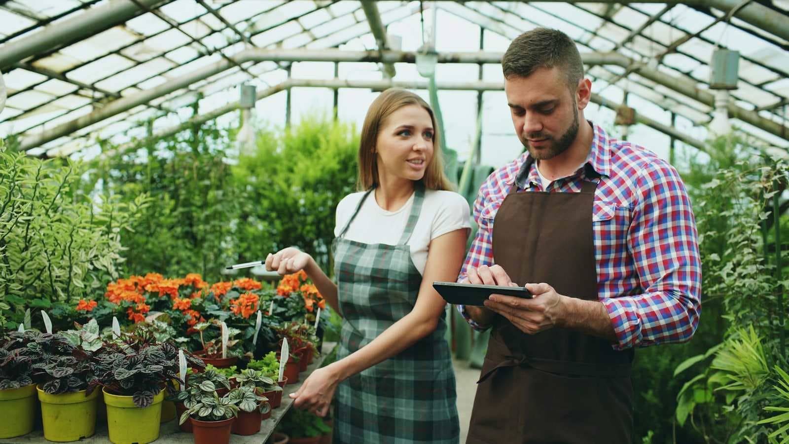 Two florists checking their shop on a tablet